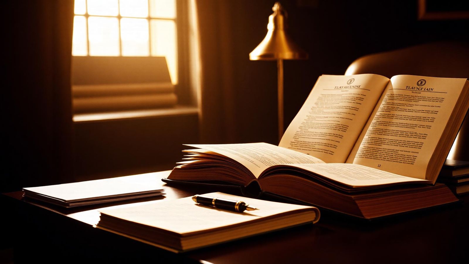 Open law books and fountain pen on an attorney's desk in warm lamplight