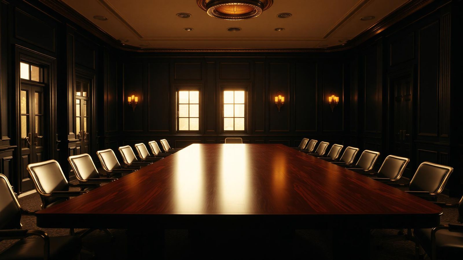 Dimly lit boardroom with long polished table and warm golden light