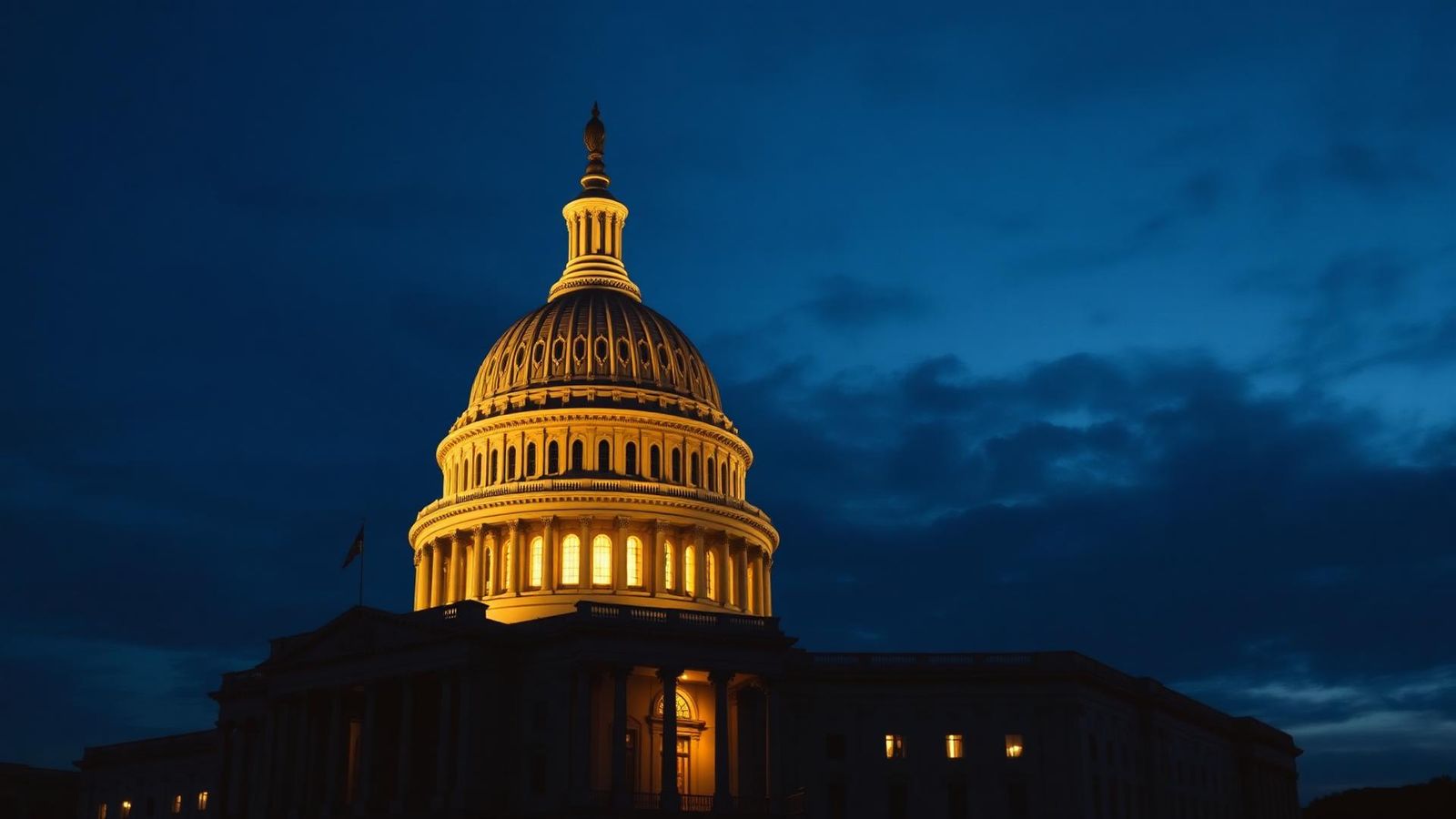 U.S. Capitol dome illuminated against a deep navy dusk sky