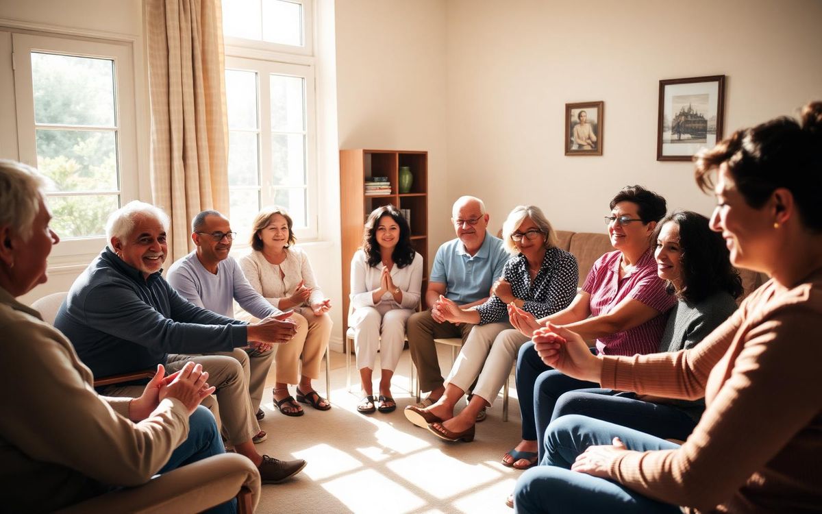 Support circle of families sitting together in a sunlit community room