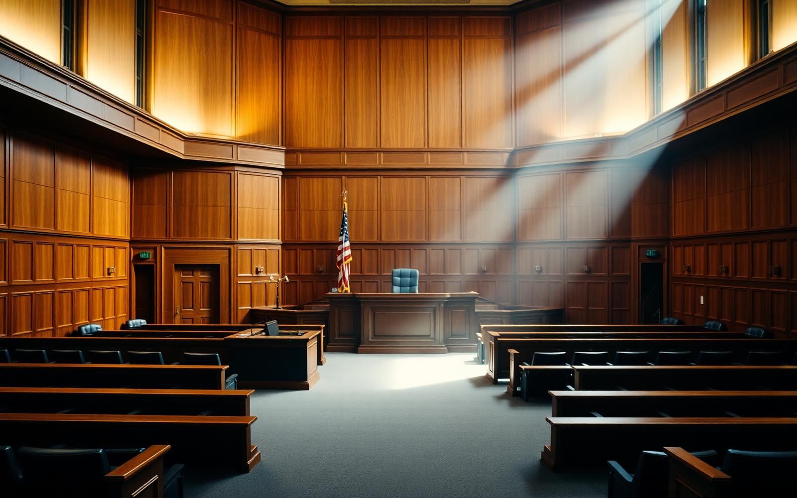 Empty federal courtroom with judge's bench and jury box