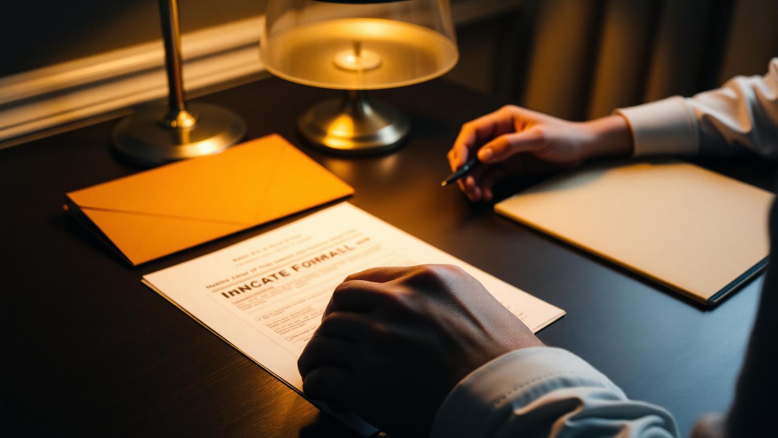 Hands filling out an intake form on a dark wood desk