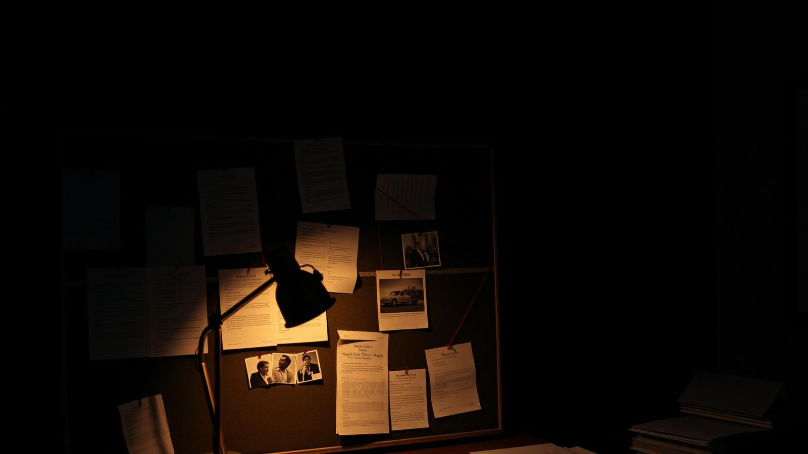 Investigator's evidence board with pinned documents and photographs