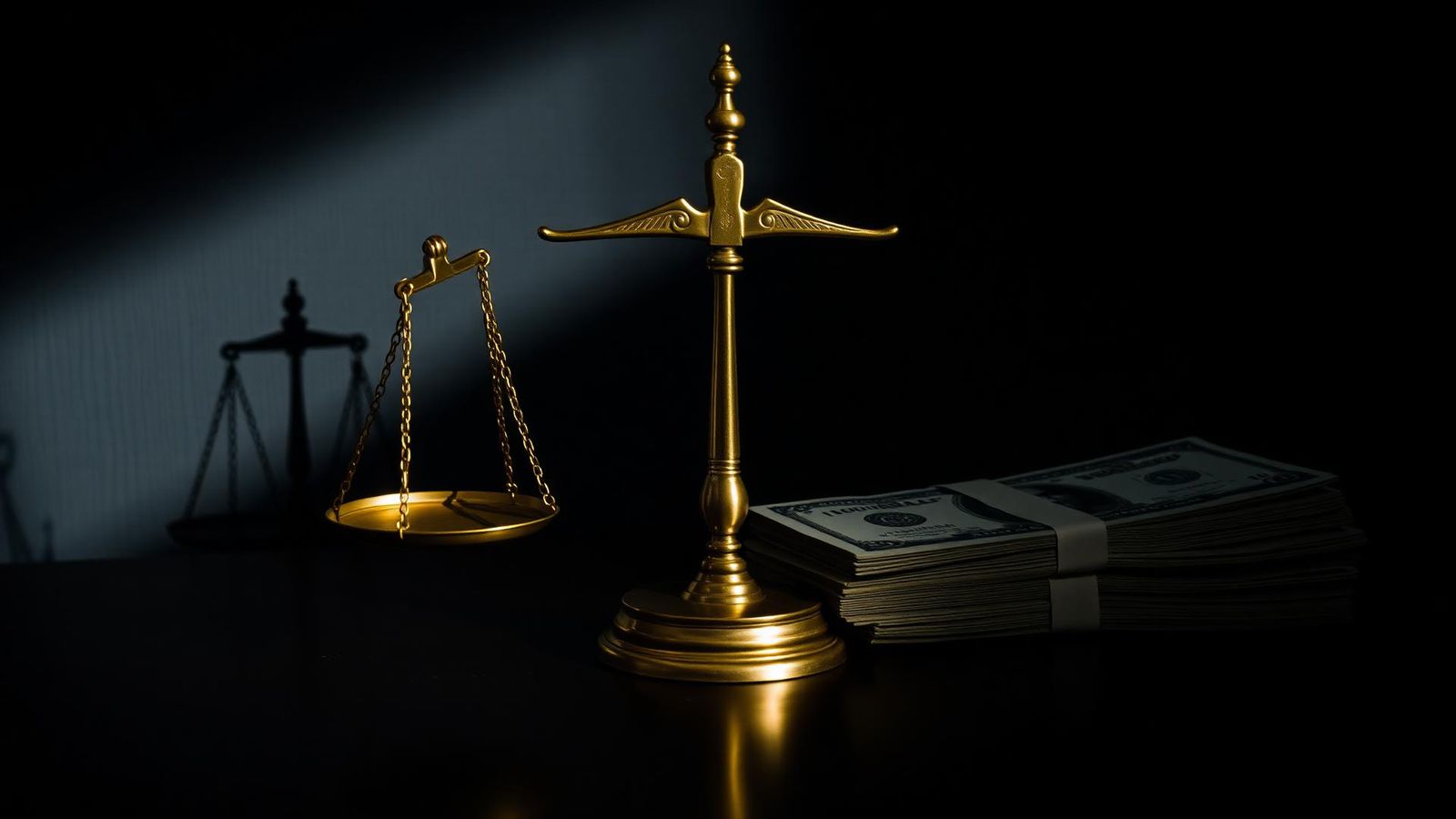Brass scales of justice beside a stack of cash in dramatic chiaroscuro lighting