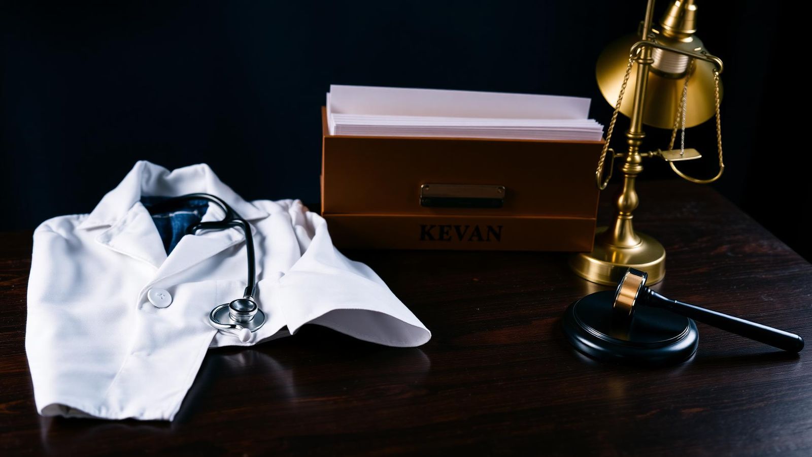 Physician's white coat and stethoscope beside a legal case folder