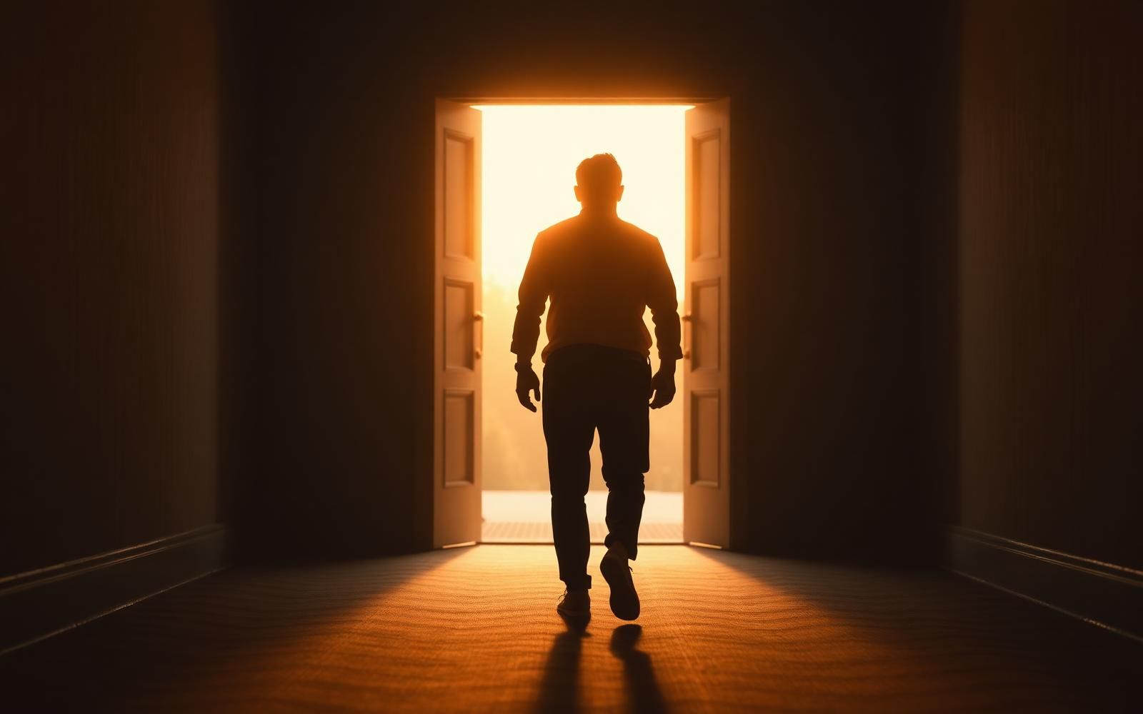 Silhouette of a person walking toward an open doorway at sunrise