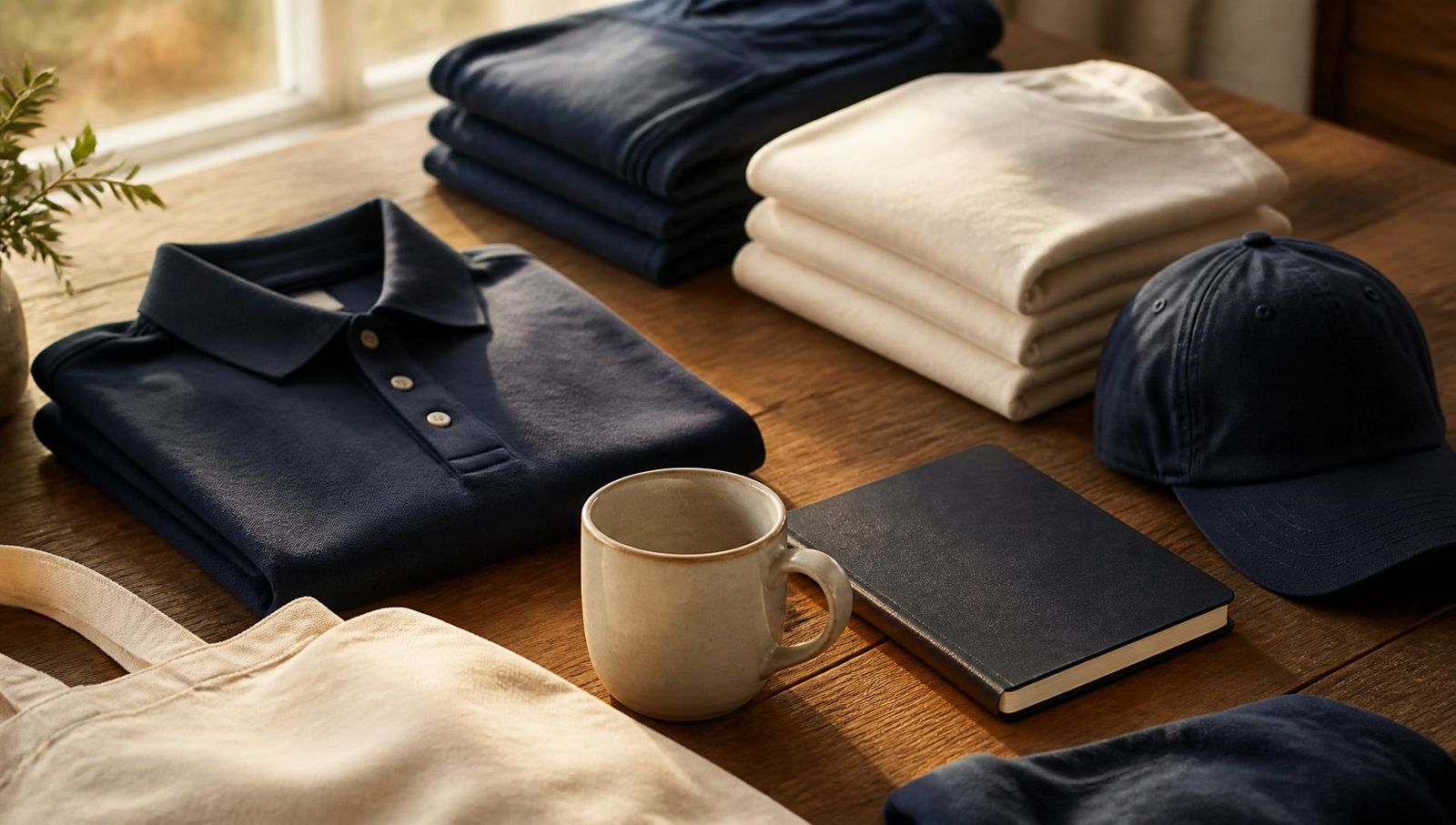 JRF merchandise laid out on a wooden table