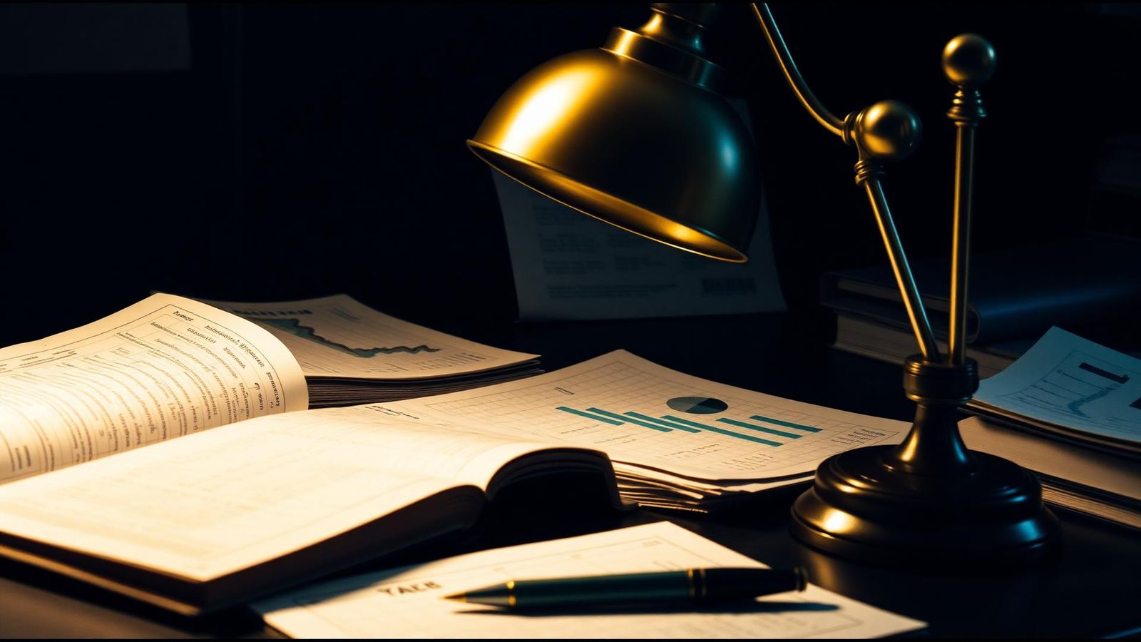 Researcher's desk with open ledgers, data charts, and a brass lamp